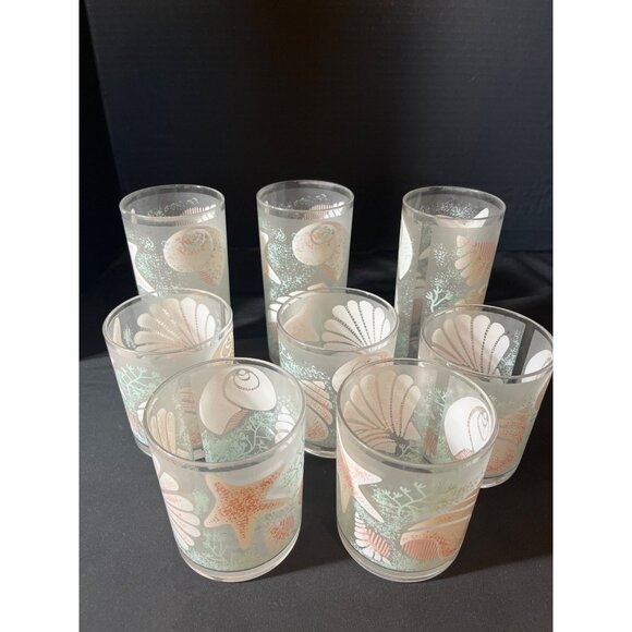 Stotter Vintage Plastic Beach Scene Seashells Sand Dollar Glasses Set of 8 - Picture 1 of 4
